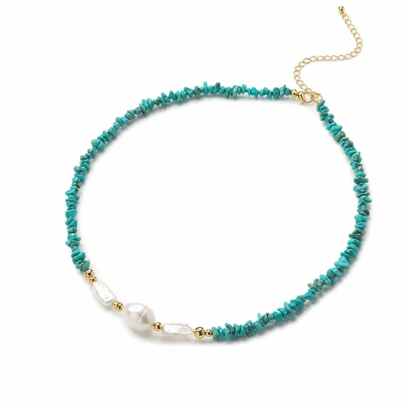 SISMEE |Turquoise Pearl Layered Necklace | Freshwater Pearl Gold Chain Necklace