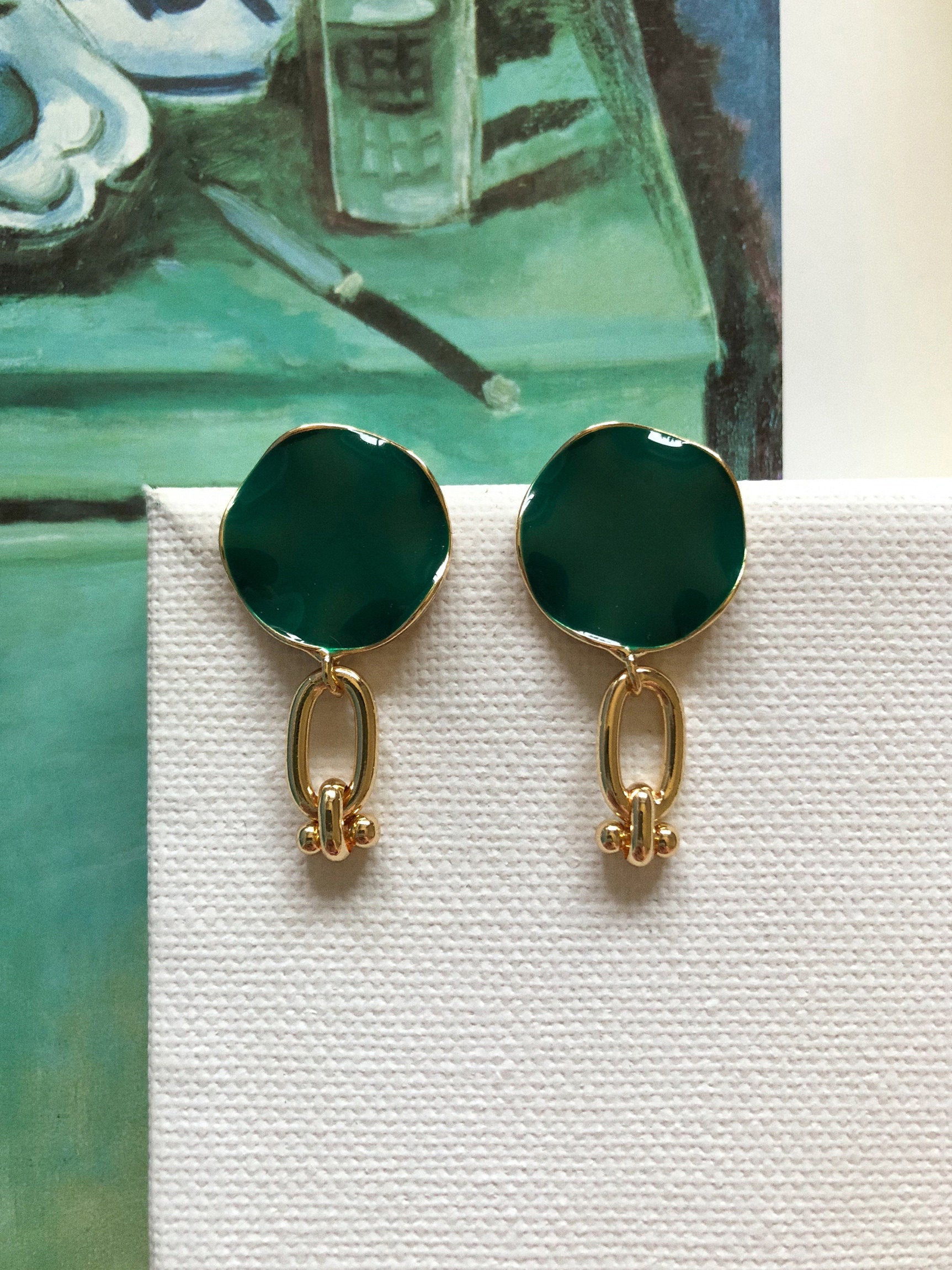 Seraphina｜ Vintage Green Enamel Drop Earring
